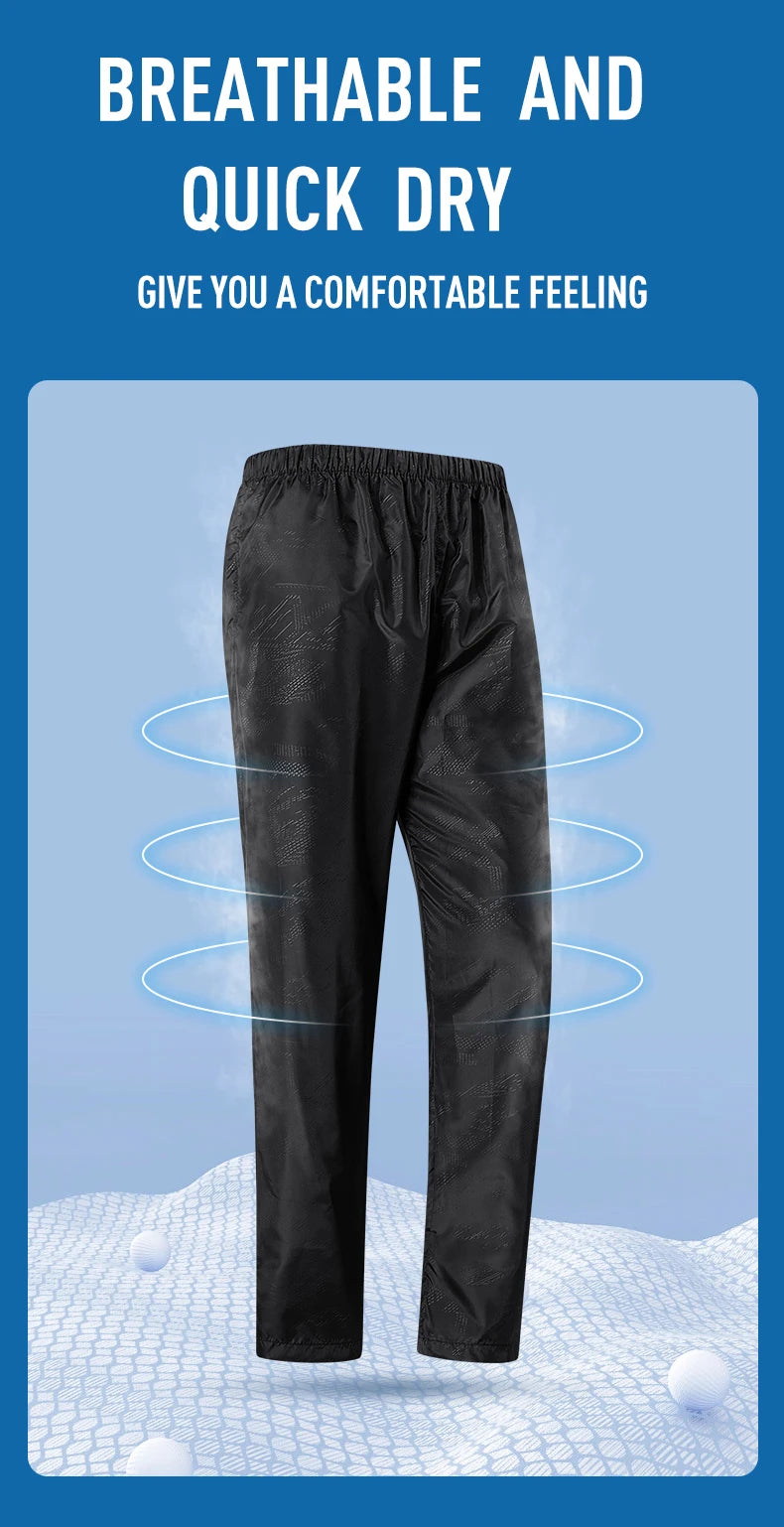 Black pants on a blue background with text about breathability and quick dryness.
