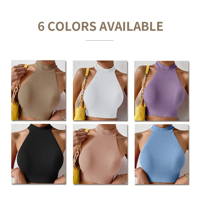 Sleeveless Ribbed Knit Halter Crop Top – Solid Slim Fit with High Neck for Women - 3KDyn