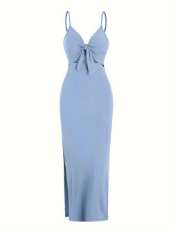 Europe and America knit simple sleeveless suspender dress in spring and summer, leaking back and sexy long skirt with neck. - 3KDyn