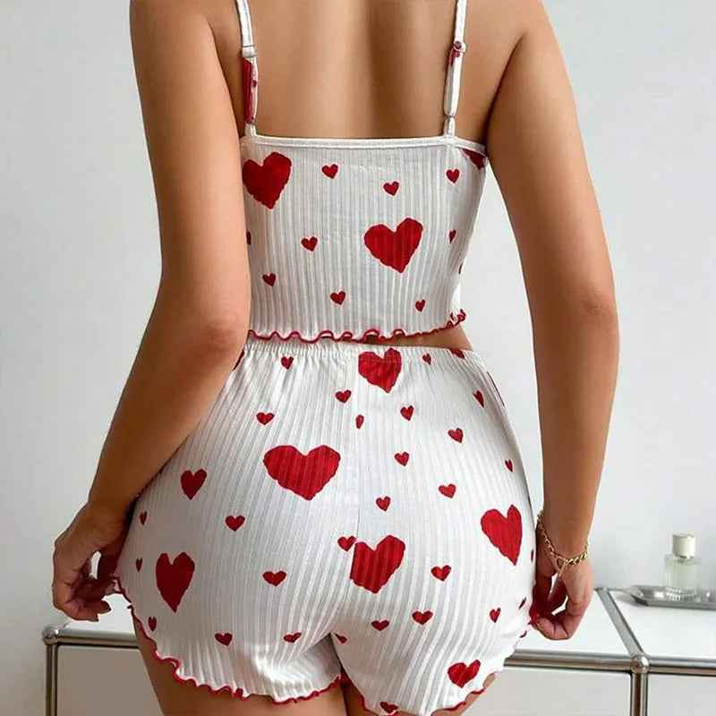 Women’s Heart-Print Pajama Set – 2-Piece Cami Top & Shorts - 3KDyn