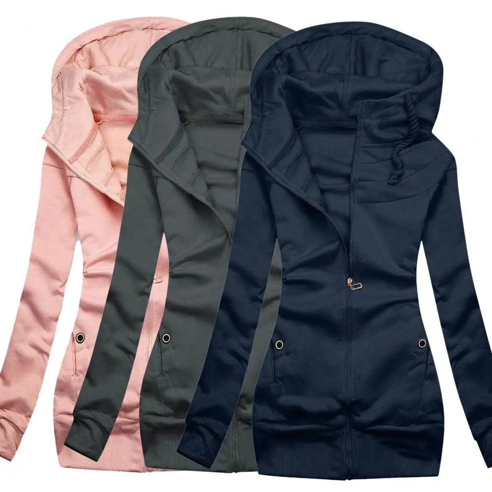 Women’s slim fit zipper hoodie jacket with drawstring waist in pink, navy blue, and gray | 3KDyn