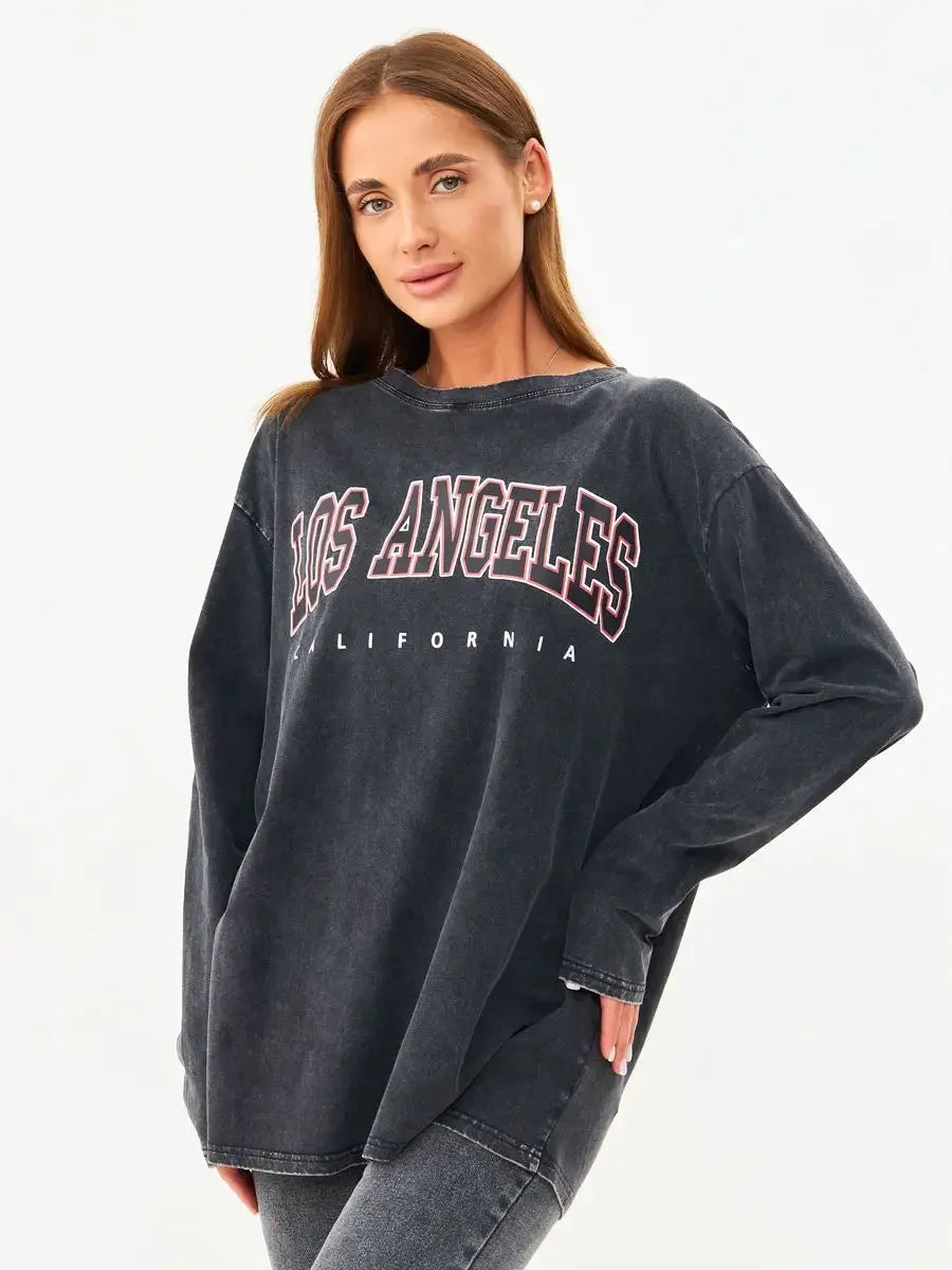 Washed Graphic Long Sleeve T-Shirt – Vintage Oversized Streetwear for Women - 3KDyn