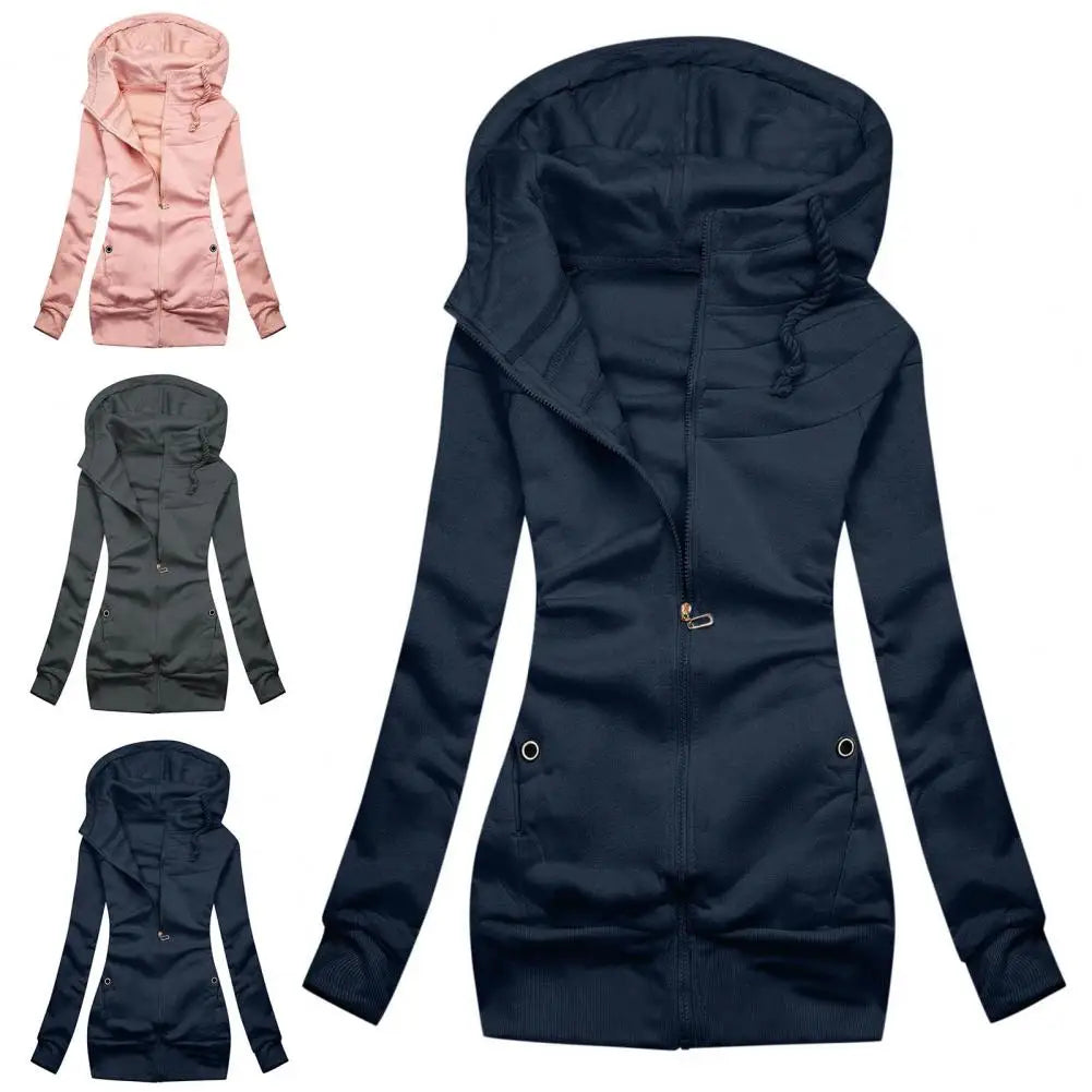 Navy blue hooded jacket displayed with smaller images of pink, gray, and black jackets on a white background.
