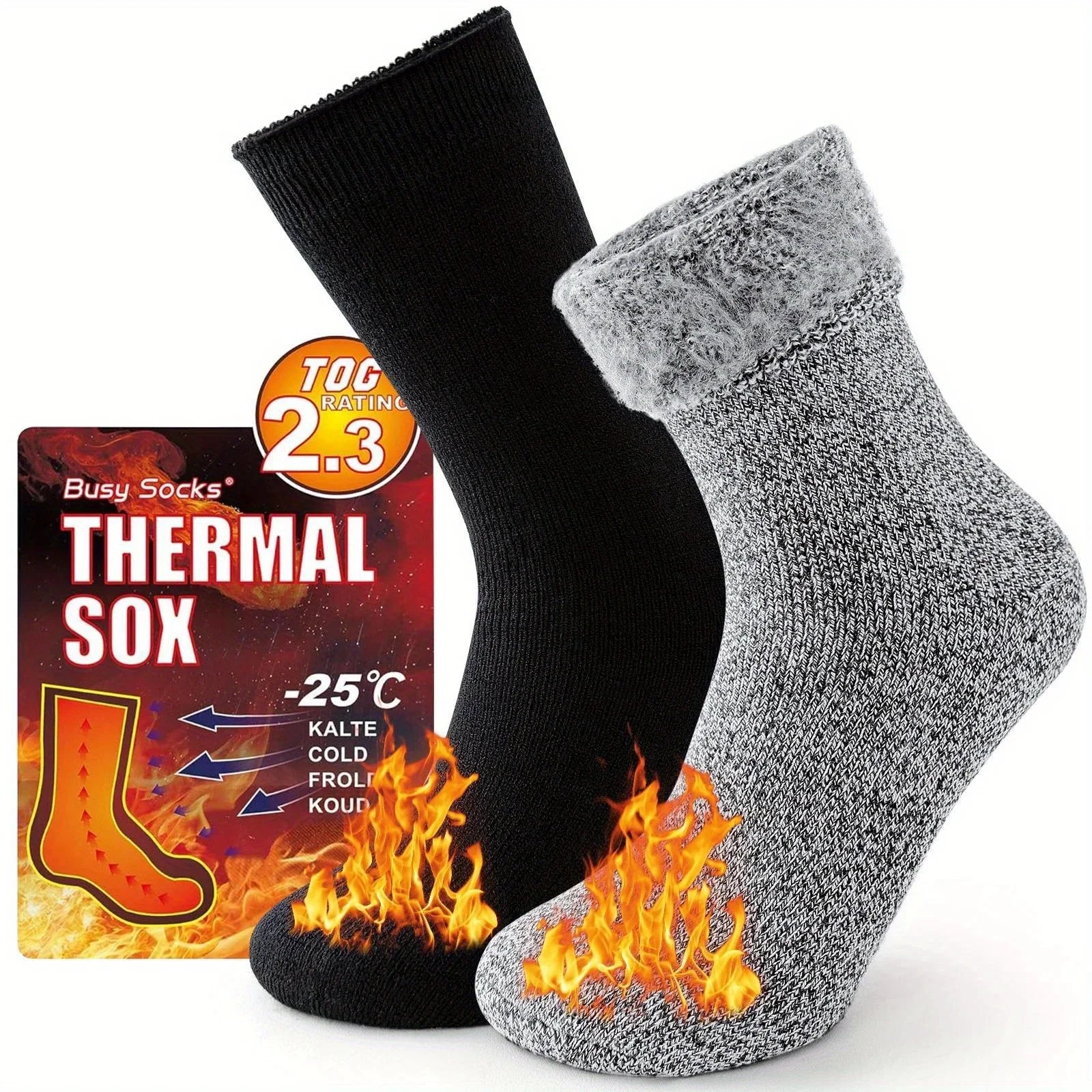 2-Pack Thermal Crew Socks (Unisex) – Fleece-Lined Winter Socks for Hiking & Skiing - 3KDyn