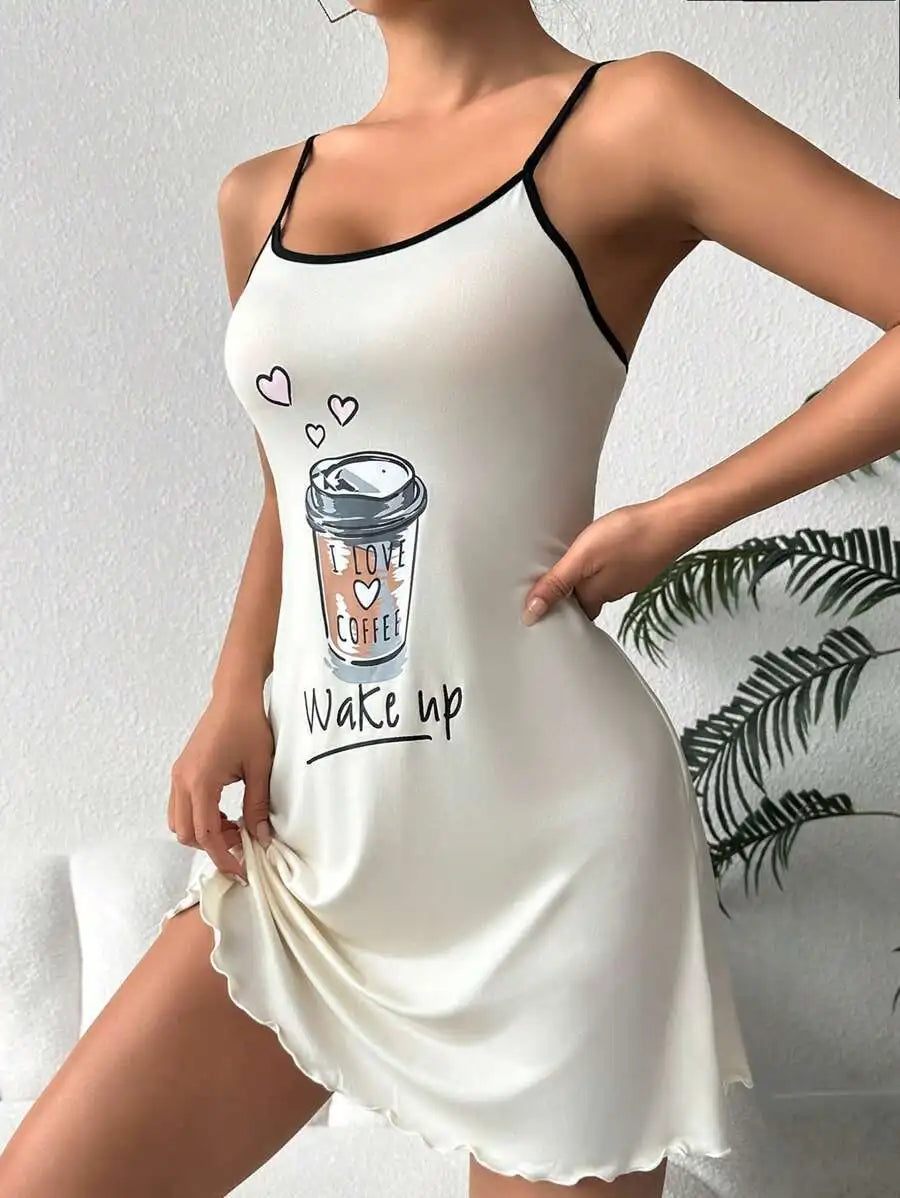 White nightgown with coffee cup design and 'Wake up' text on a plain background