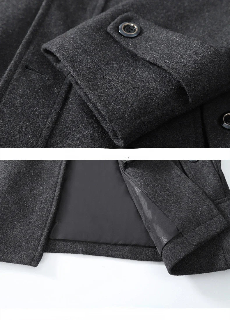 Close-up of a dark gray coat with buttons on a white background