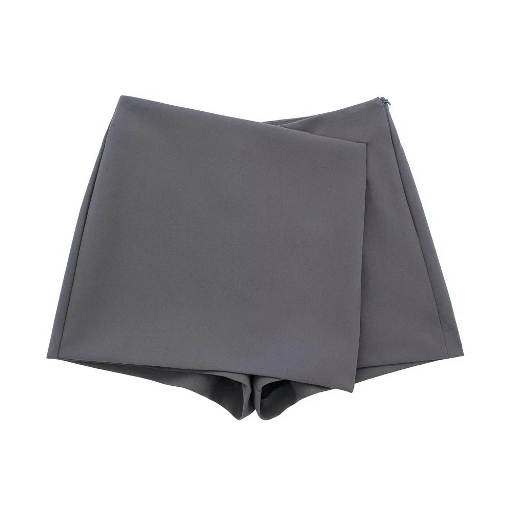 TRZA Women Fashion Pareo Style Asymmetric Shorts Skirts Vintage High Waist Side Zipper Female Skort Mujer - 3KDyn