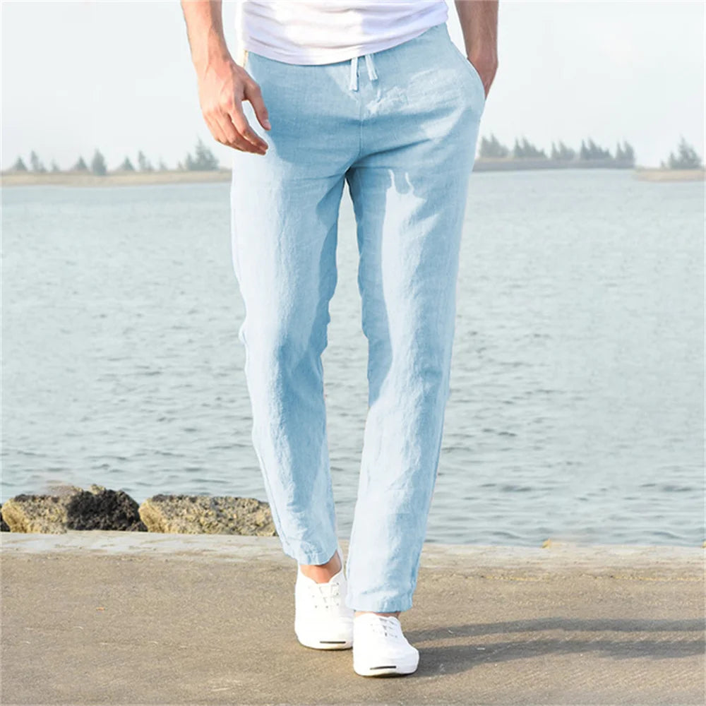 Men's Cotton Linen Straight Pants - Breathable Summer Trousers with Elastic Waist - 3KDyn