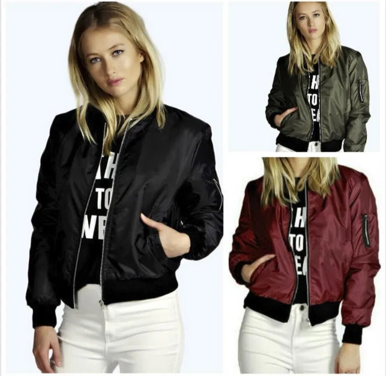 Three different colored bomber jackets worn by a model on a white background