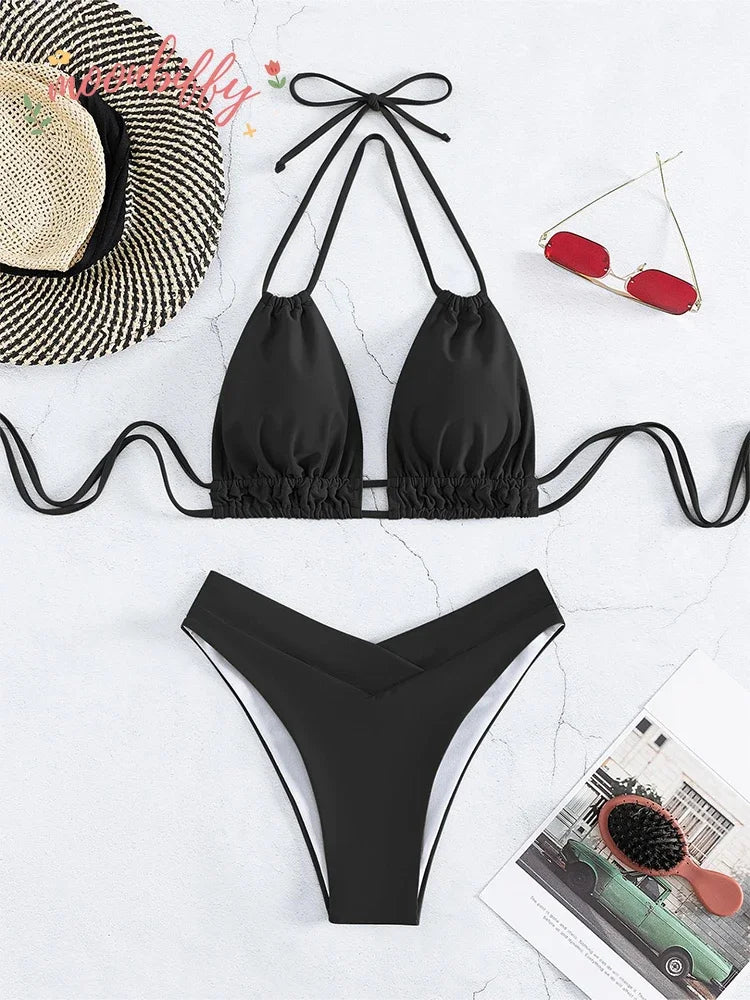 Plus Size Beach Bikini Black Sexy Halter Bikini Push Up Swimsuit 2 Piece Bikini Sets Summer Women Swimwear Bathing Suits - 3KDyn
