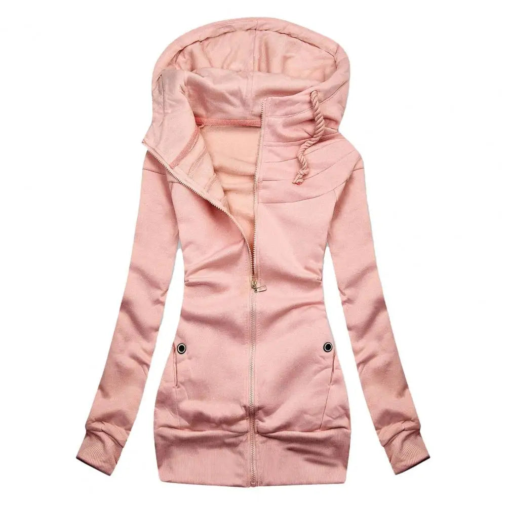Women’s slim fit zipper hoodie jacket with drawstring waist in pink, navy blue, and gray | 3KDyn
