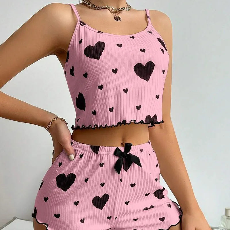 Women’s Heart-Print Pajama Set – 2-Piece Cami Top & Shorts - 3KDyn