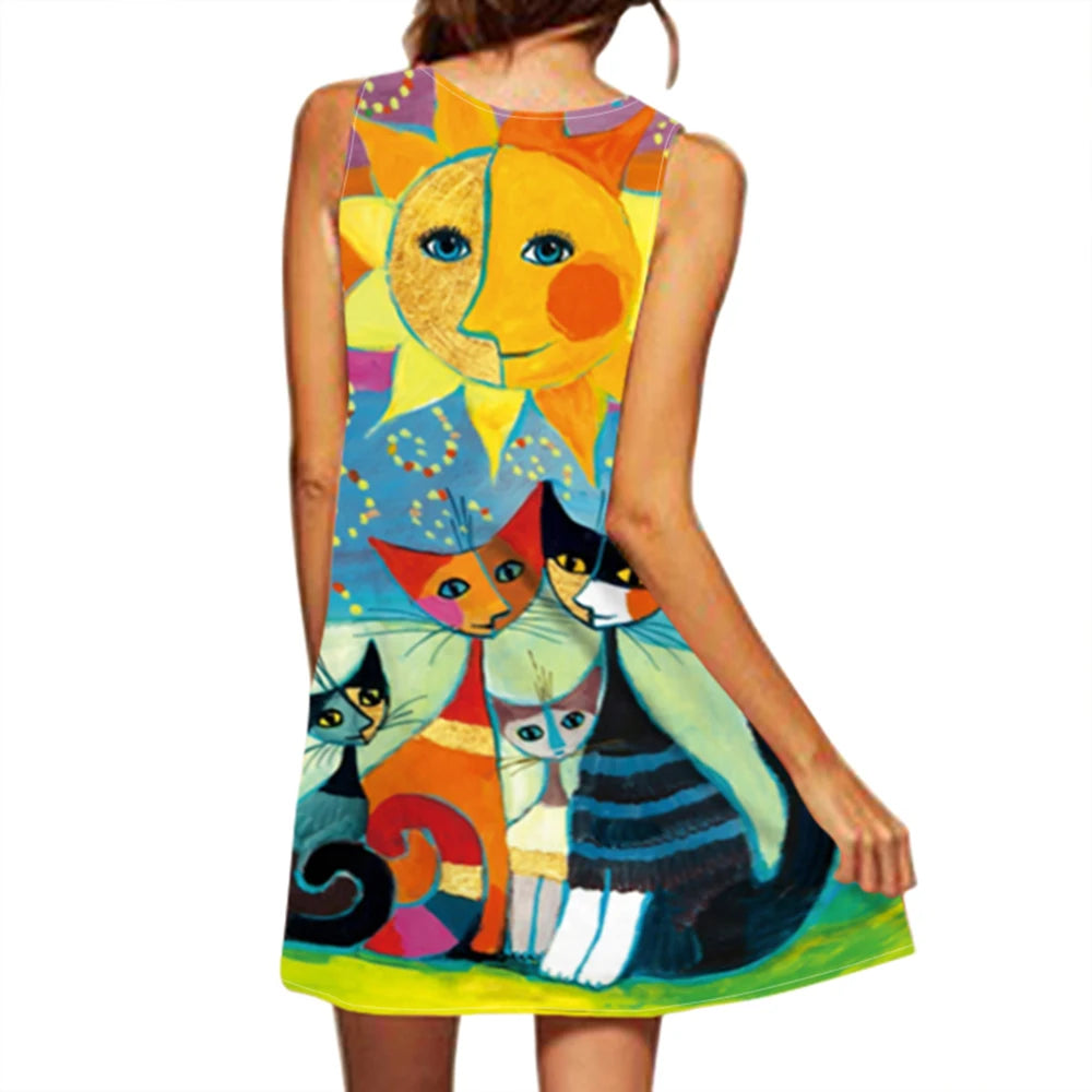 European and American Cross Border Women's New Dress V-neck Sleeveless Sexy Printed Large Hem Foreign Trade Dress - 3KDyn