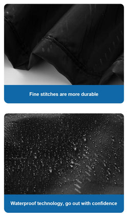 Text on waterproof fabric with fine stitches and water droplets, emphasizing durability and waterproof technology.