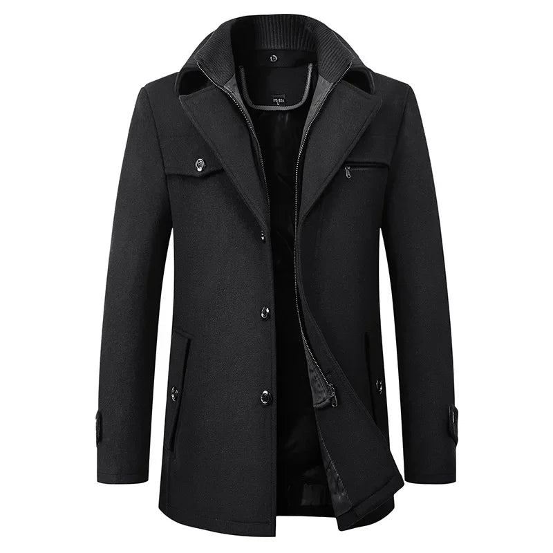 Men’s black wool‑blend winter coat with zipper and buttons, front view on a white background | 3KDyn
