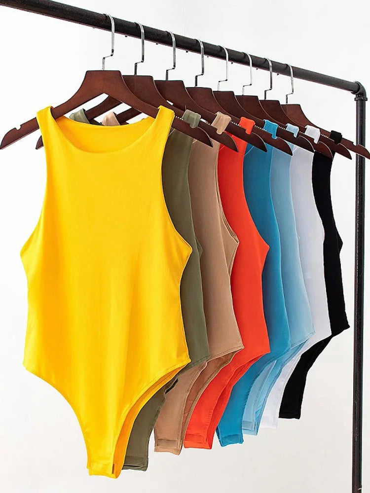 Women's sleeveless bodysuits in multiple colors on hangers – 3KDyn