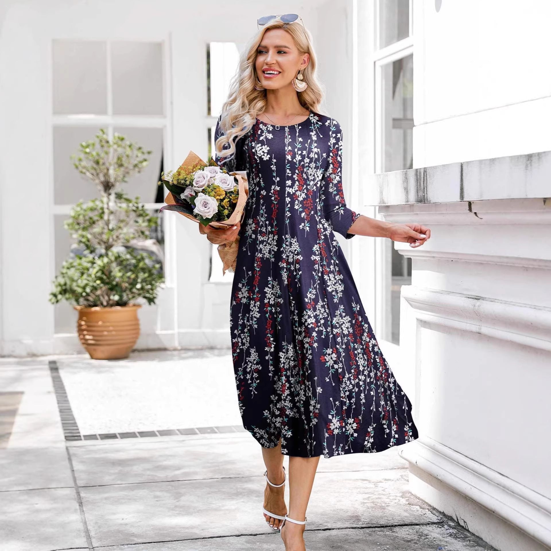 Women’s floral midi dress with 3/4 sleeves and pockets | 3KDyn
