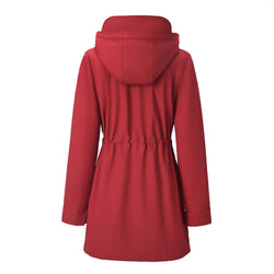 Women’s waterproof windbreaker jacket – red with plaid lining, hooded | 3KDyn