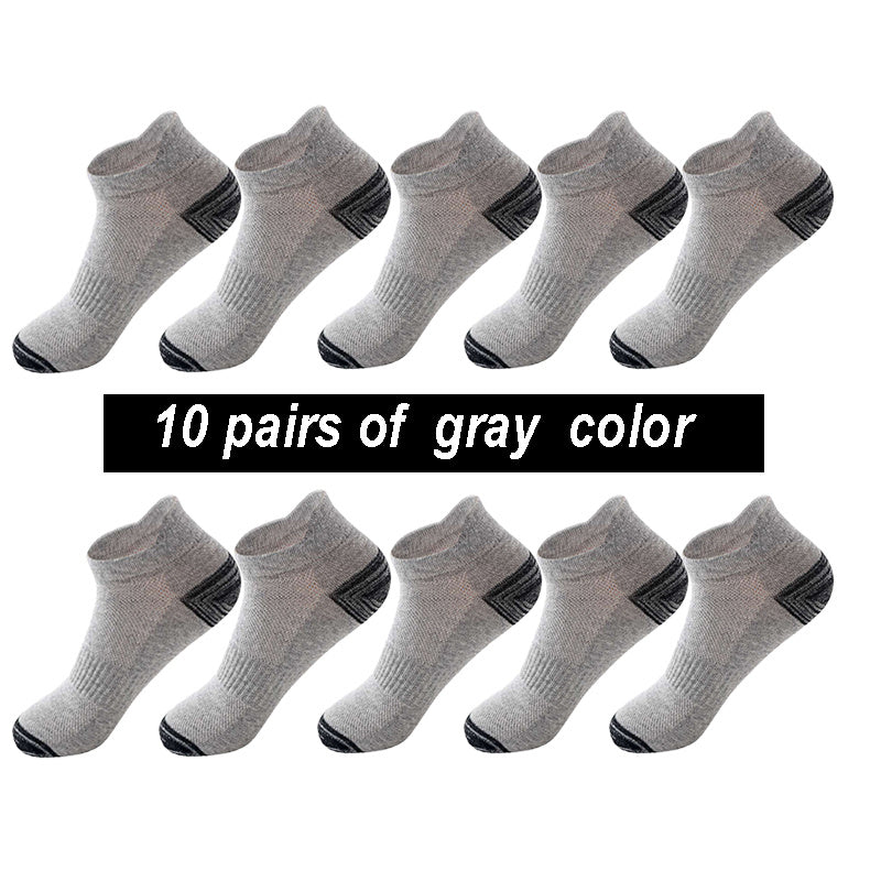 10 pairs of gray ankle socks with black accents on a white background