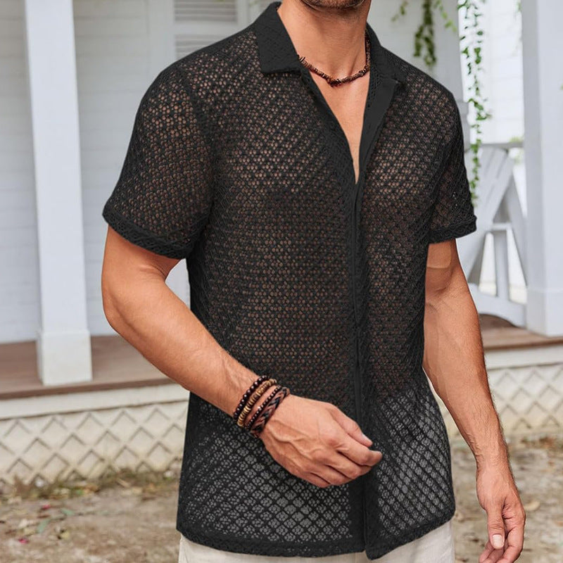 Summer Mesh Short Sleeve Shirt Fashion Solid Color Lapel Shirt Tops Beach Men Clothing - 3KDyn