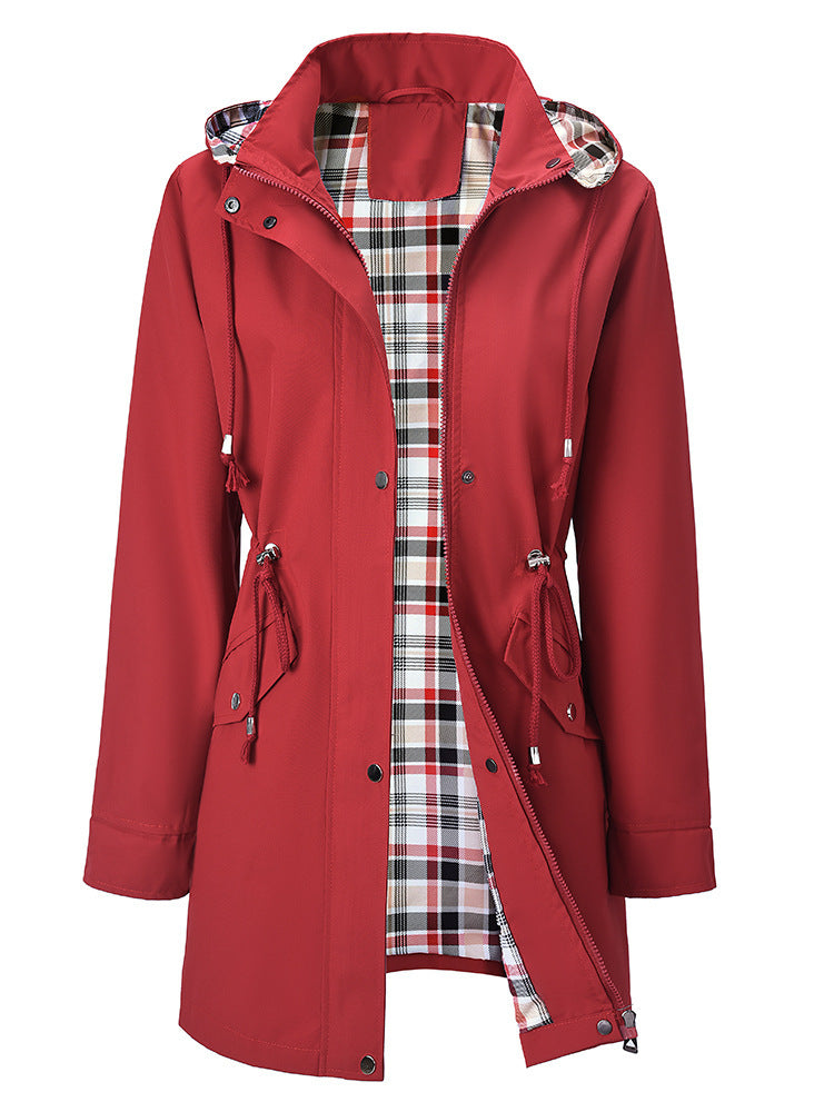 Women’s waterproof windbreaker jacket – red, plaid lining, hooded | 3KDyn