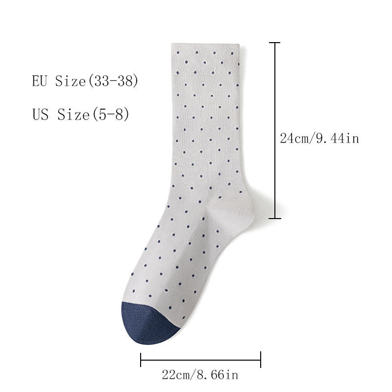White sock with black dots and measurements on a white background