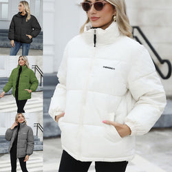 Woman wearing a white puffer jacket with 'CHENDONG' branding, surrounded by other color options.