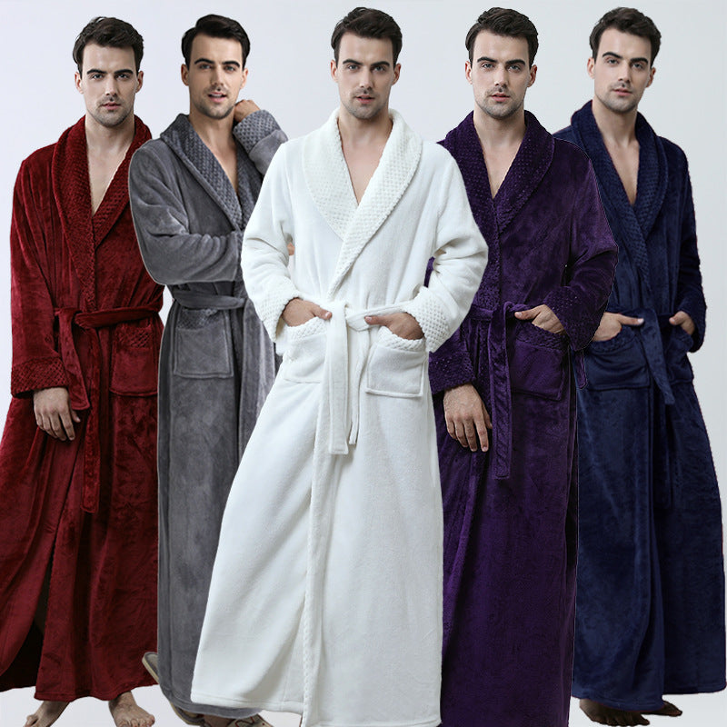 Five men wearing different colored robes on a white background
