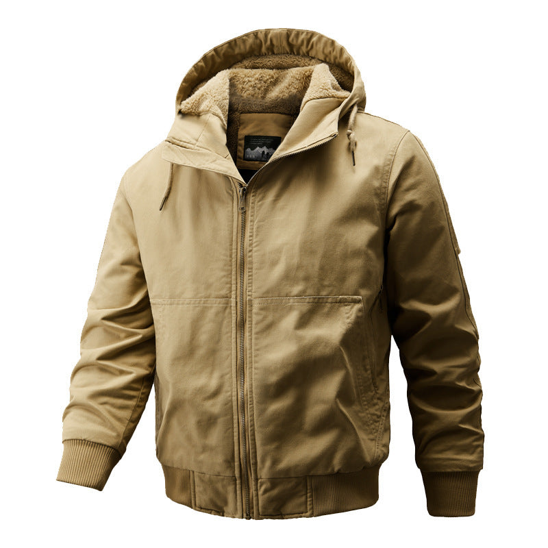 Tan jacket with a hood on a white background