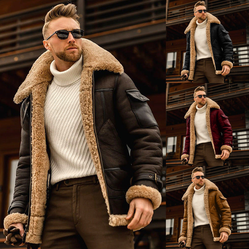 Man wearing a stylish shearling jacket in front of a wooden building.