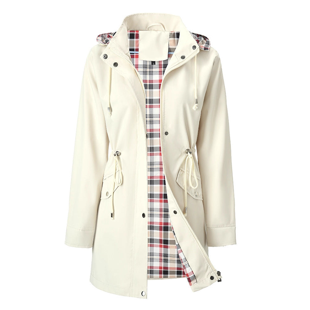 Women’s waterproof windbreaker jacket – white, plaid lining, hooded | 3KDyn