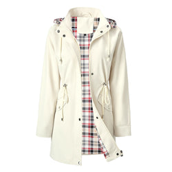 Women’s waterproof windbreaker jacket – white, plaid lining, hooded | 3KDyn