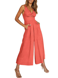 Summer V-Neck Wide-Leg Cotton Linen Jumpsuit - 3KDyn