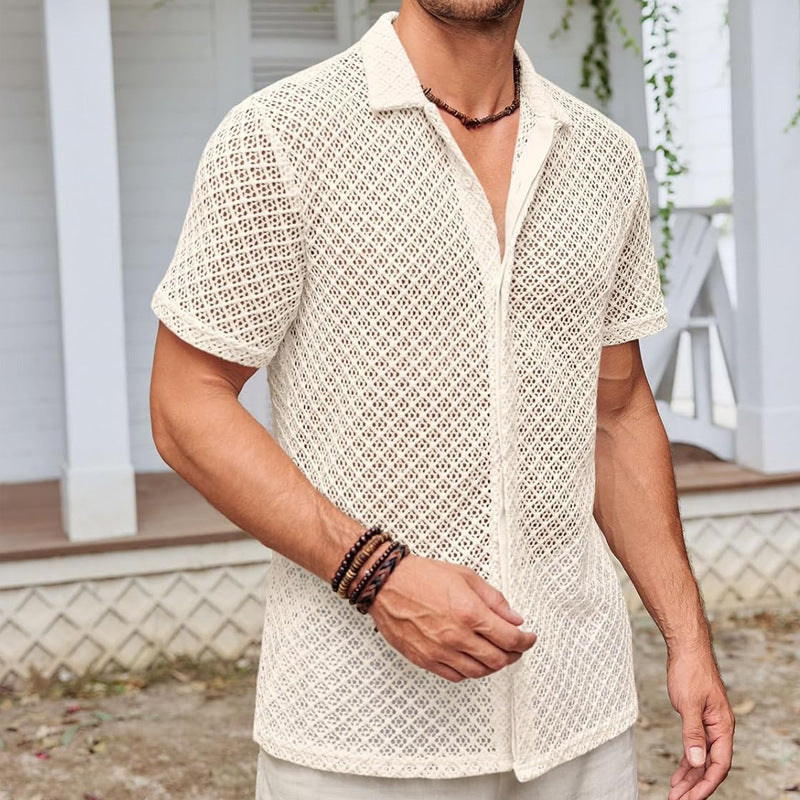 Summer Mesh Short Sleeve Shirt Fashion Solid Color Lapel Shirt Tops Beach Men Clothing - 3KDyn