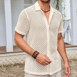 Summer Mesh Short Sleeve Shirt Fashion Solid Color Lapel Shirt Tops Beach Men Clothing - 3KDyn