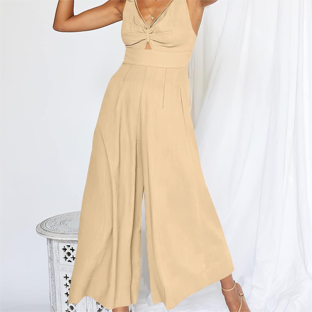 Summer V-Neck Wide-Leg Cotton Linen Jumpsuit - 3KDyn
