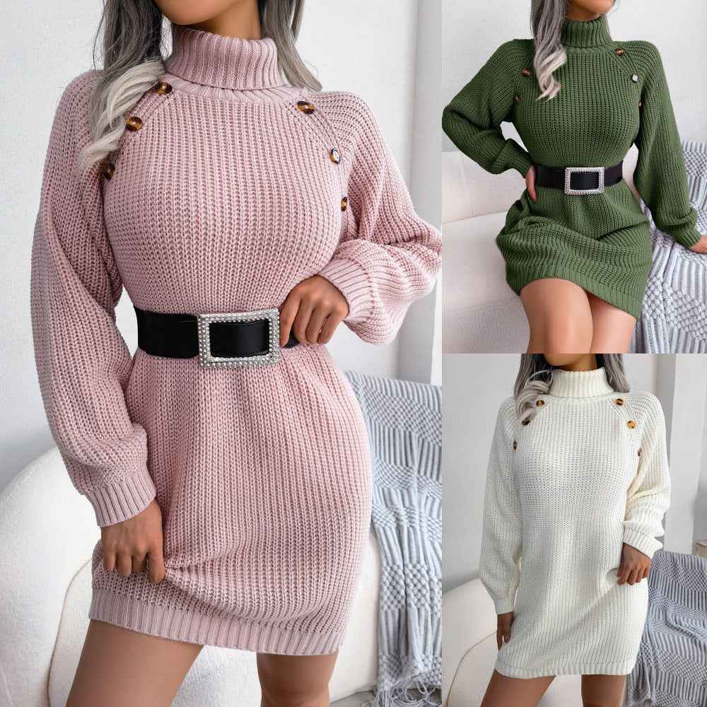 Winter Turtleneck Long Sweater Dress With Button Design Leisure Clinch Long Sleeve Base Sweater Women - 3KDyn