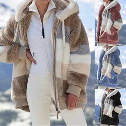 A collection of women's hoodies in various colors, featuring a plush design and zippered front.