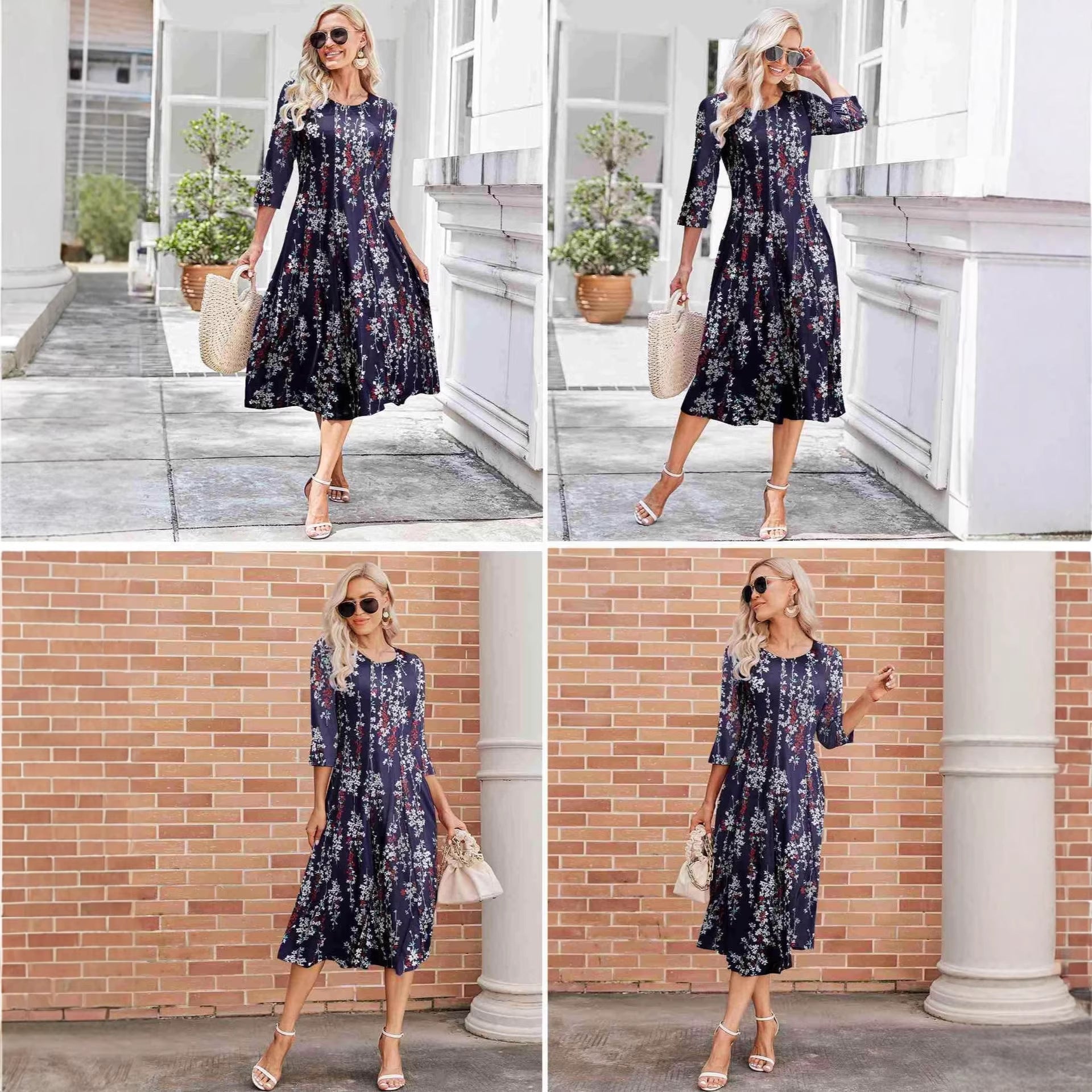 Woman wearing a floral dress in four different outdoor settings.