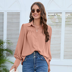 Women's Solid Color Simple Chiffon Pleated Long-sleeved Shirt - 3KDyn