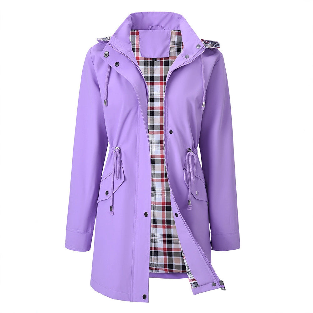 Women’s waterproof windbreaker jacket – purple, plaid lining, hooded | 3KDyn