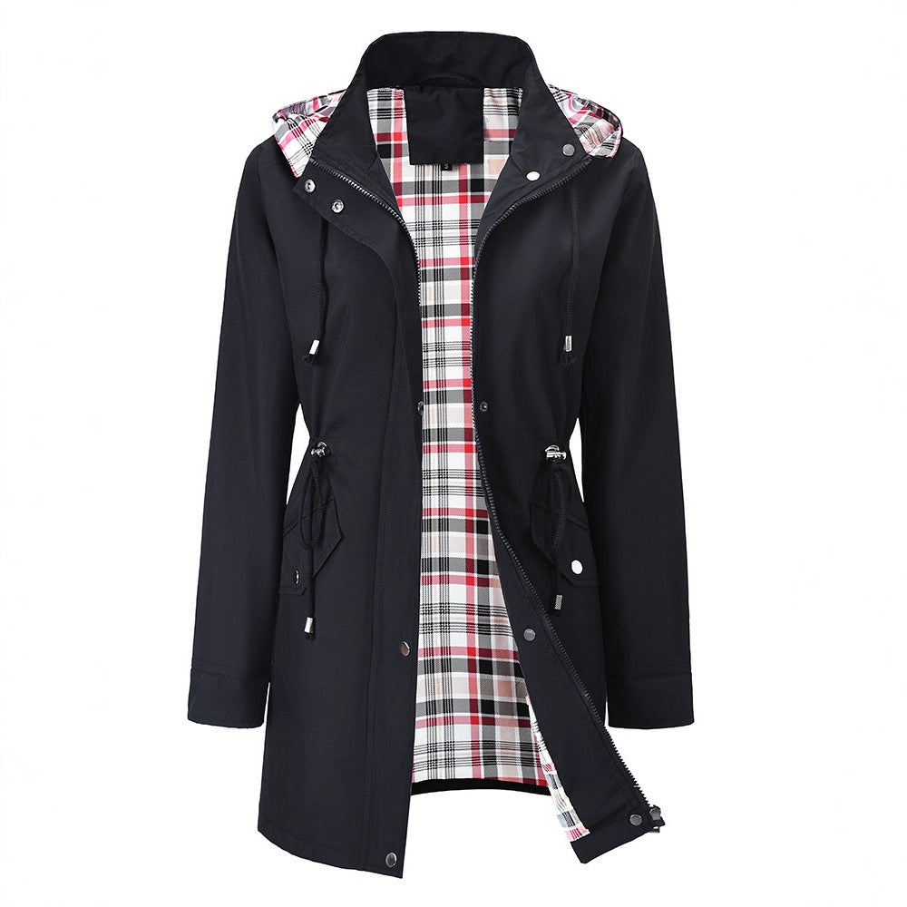 Women’s waterproof windbreaker jacket – black, plaid lining, hooded | 3KDyn