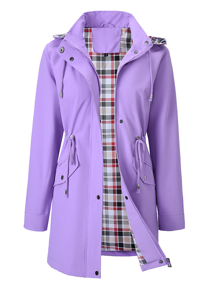 Women’s waterproof windbreaker jacket – purple, plaid lining, hooded | 3KDyn