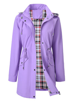 Women’s waterproof windbreaker jacket – purple, plaid lining, hooded | 3KDyn