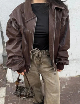 Women's Moto Biker Leather Jacket – Loose Fit, Lapel Collar, Zip-Up, Long Sleeve - 3KDyn